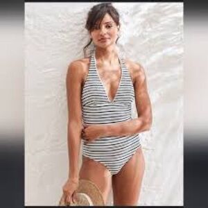 The White Company Pom Pom Trim Swimsuit Navy White Striped NWT Size S